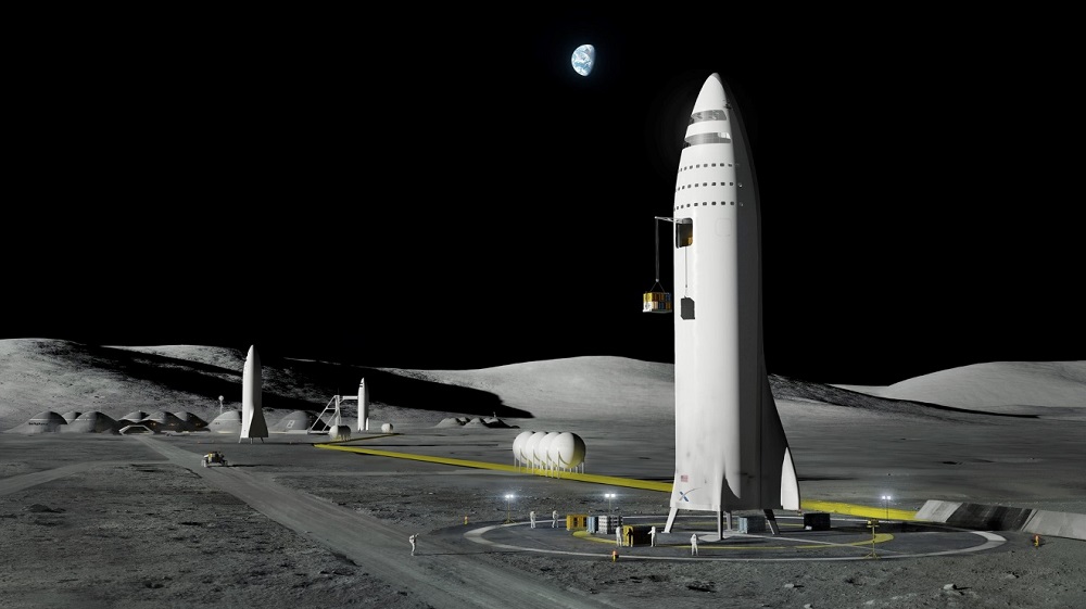 הדמיה של החללית BFR על הירח – החללית תאפשר מימוש החזון של הקמת בסיס על הירח | איור: SpaceX הדמיה של החללית BFR על הירח – החללית תאפשר מימוש החזון של הקמת בסיס על הירח | איור: SpaceX