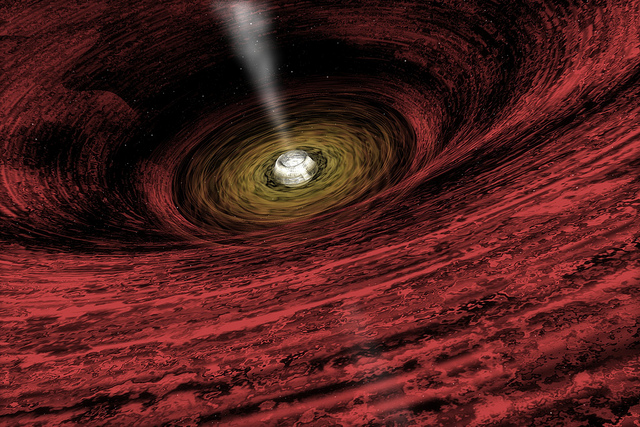 איור של חור שחור קדום, עם דיסקת גז המייצרת קרינה כה רבה, שאמורה לעכב היווצרות כוכבים | צילום: NASA/CXC/M.Weiss
