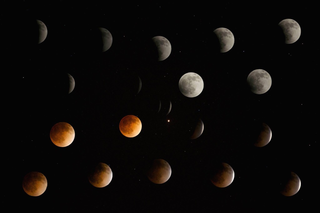 כל השלבים האפשריים של ליקויי ירח, חלקיים ומלאים, בתמונת תצריף אחת. קרדיט: Downclouding