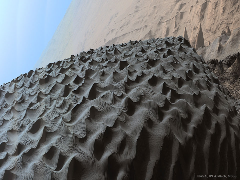 כיצד הרוח במאדים יוצרת תבניות מורכבות במאדים? הצילומים של הרובר קיוריוסיטי במכתש Gale יצרו תעלומה מסקרנת על ההבדלים בין דיונות מאדים לאלה שבכדור הארץ. קרדיט צילום: NASA, JPL-Caltech, MSSS