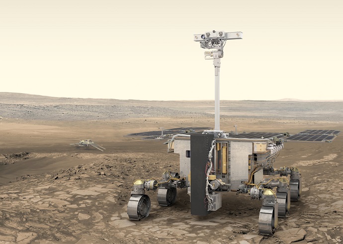 הדמיה של הרובר האירופי רוזילנד פרנקלין והנחתת הרוסית על אדמת מאדים. קרדיט: ESA/ATG medialab
