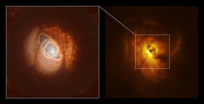 משמאל: שלוש הדיסקות הקדם-פלנטריות המקיפות את מערכת הכוכבים. מימין: העיוותים בטבעת הפנימית, שבמרכזה (הצל) מה שנחשד ככוכב לכת צעיר. קרדיט: ALMA (ESO/NAOJ/NRAO), ESO/EXETER