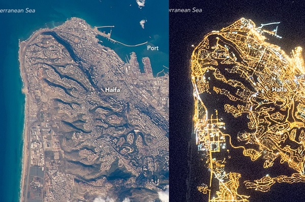 מפרץ חיפה מהחלל, ביום ובלילה | צילום: NASA