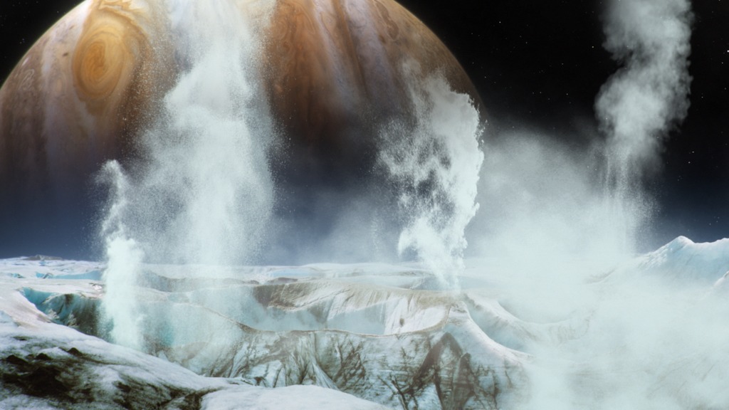 אדי מים פורצים החוצה באירופה, ירחו של כוכב הלכת צדק | אילוסטרציה: NASA's Goddard Space Flight Center