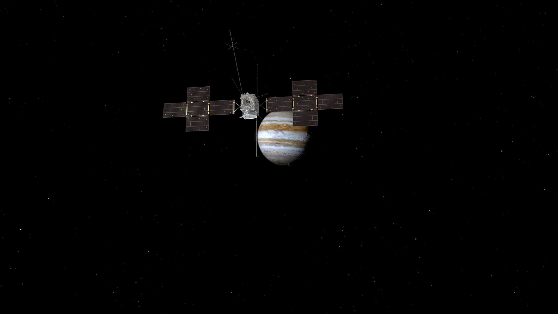 Juice orbiting Jupiter.(artist's impression). Credit: ESA