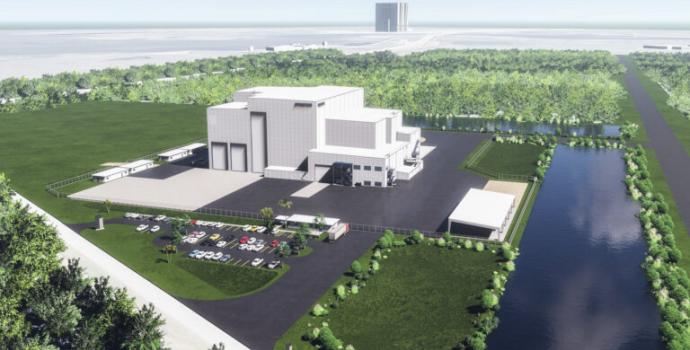 הדמיה של מפעל עיבוד הלוויינים החדש של אמזון במרכז החלל קנדי. קרדיט: אמזון