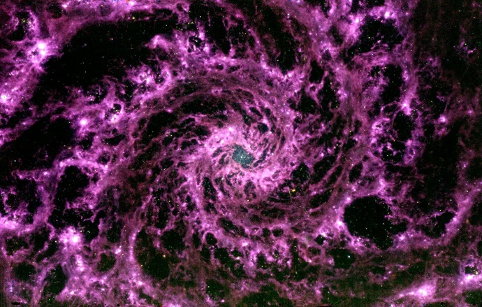 מבט חדש על גלקסיית NGC 628. קרדיט: NASA/Niels Bohr Institute, University of Copenhagen in collaboration with PHANGS-JWST גלקסיית NGC 628