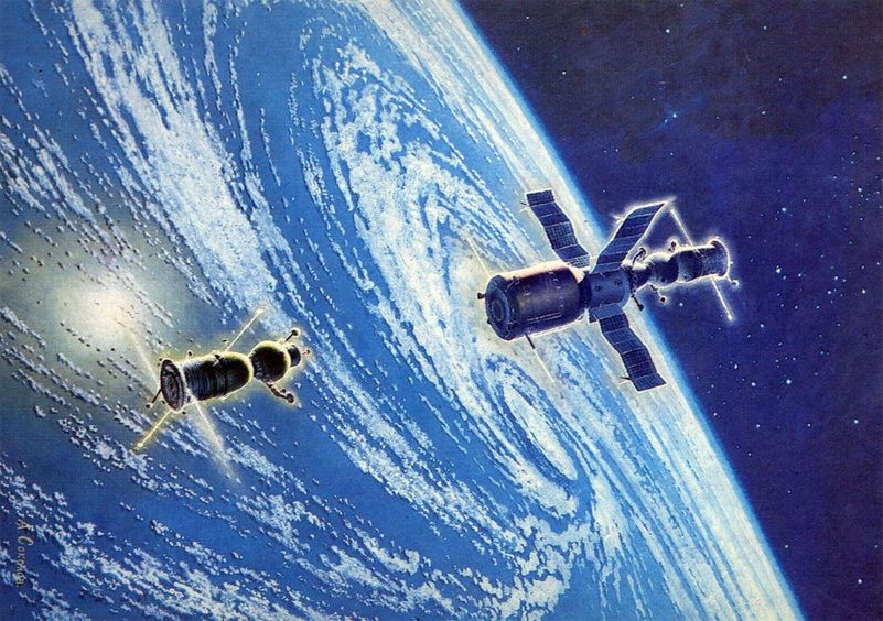 לוויין מחקר מעל סופת ציקלון בכדור הארץ| צייר: אנדריי סוקולוב, Fine Art, Moscow, 1985
