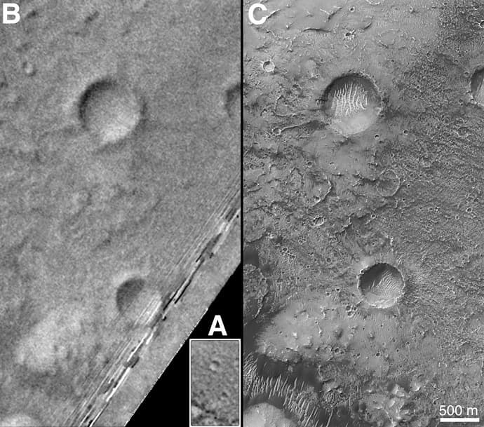 צילומים קודמים של המכתש Airy-0. קרדיט: NASA/JPL/MSSS צילומים קודמים של המכתש Airy-0. קרדיט: NASA/JPL/MSSS