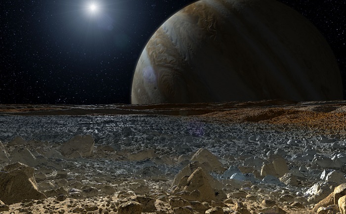 הנוף המשוער מפני השטח של אחד מהירחים הקרחיים של צדק, אירופה | איור: NASA/JPL-Caltech