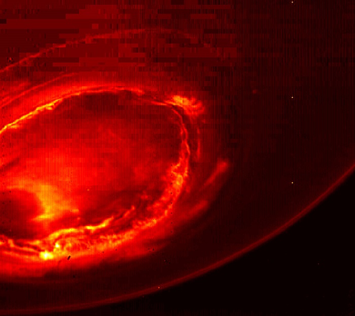תצלום תת-אדום של הזוהר הדרומי של צדק כפי שצולם מג'ונו ב- 27 באוגוסט 2016 | NASA/JPL-Caltech/SwRI/MSSS
