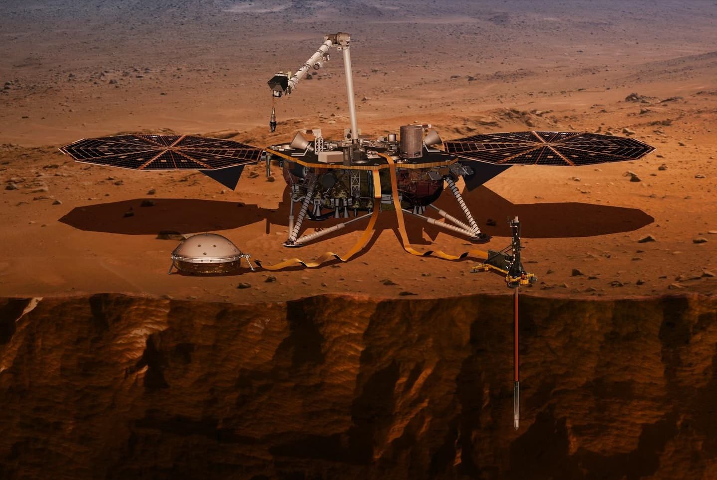 הדמיית הנחיתה של אינסייט על פני מאדים. צילום: NASA/JPL-Caltech