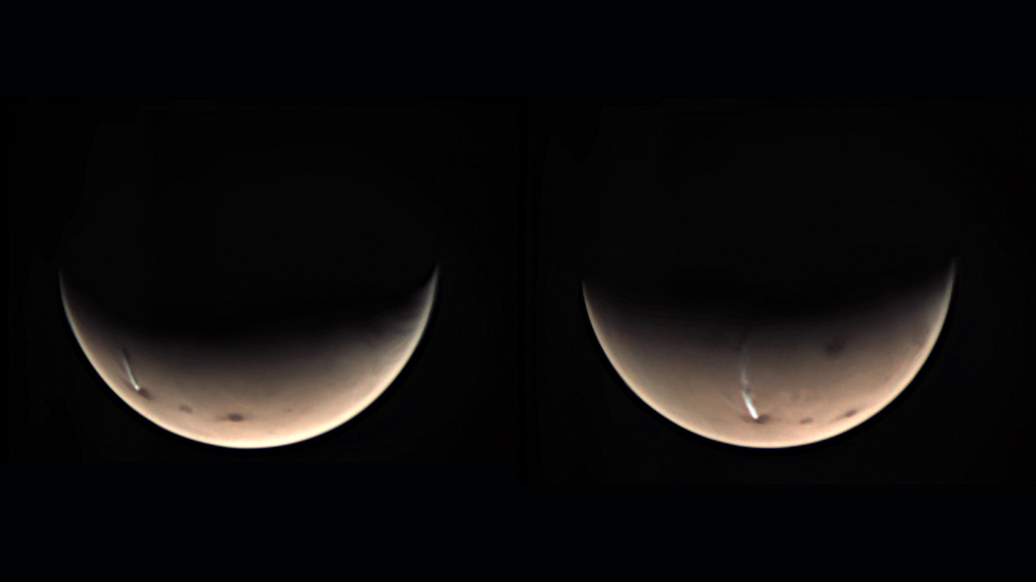 הענן המוארך במאדים, כפי שצולם בשנה שעברה על ידי המארס אקספרס. הענן הזה נמתח לאורך 1,800 ק"מ. קרדיט: ESA