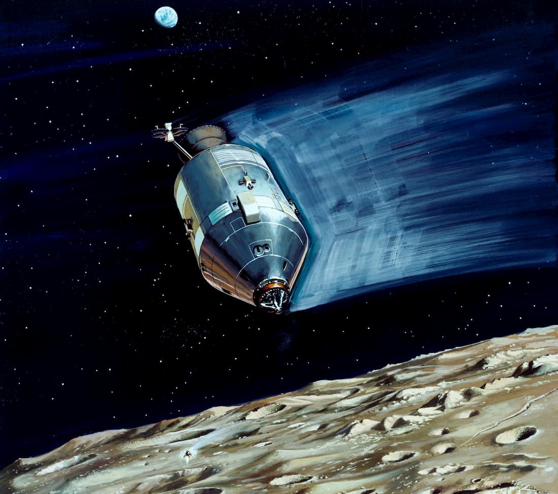 איור רכב הנחיתה הירחי של אפולו 13, מעל אתר הנחיתה המתוכנן, Fra Mauro. קרדיט: NASA