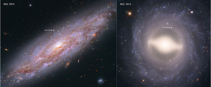 משתנים קפאידים (בעיגולים) בשתיים מתוך 19 הגלקסיות שהאבל מדד את קצב התרחקותן מאתנו| NASA, ESA, A. Riess STScI/JHU
