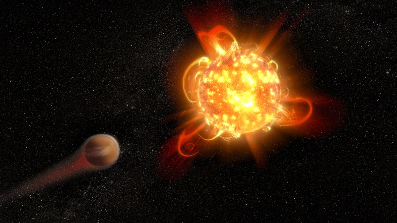 הדמיית אמן של סופר-התפרצות המפשיטה אטמוספרה של כוכב לכת סמוך. קרדיט: NASA, ESA, and D. Player STScI