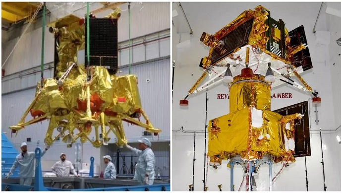 צ'אנדריאן-3 (מימין) ולונה-25 (משמאל) במעבדה. קרדיט: ISRO ורוסקוסמוס