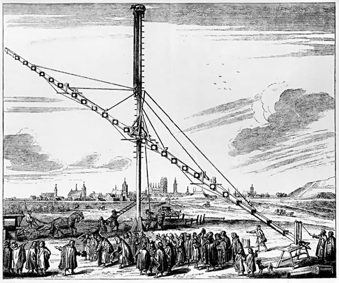טלסקופ אסטרונומי באורך 45 מטרים, שבנה יוהנס הווליוס (הדפס עץ, 1673) טלסקופ אסטרונומי באורך 45 מטרים, שבנה יוהנס הווליוס (הדפס עץ, 1673)
