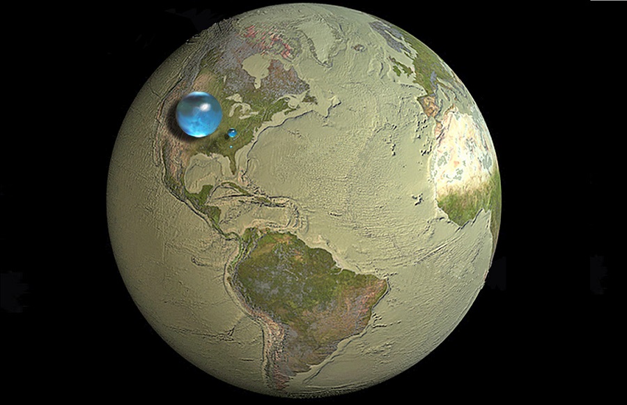 כמות המים ביחס לנפח כדוה"א. טיפה גדולה: כל המים. טיפה קטנה: המים המתוקים. טיפה זעירה: כל המים המתוקים שאינם קפואים בקרחונים.
