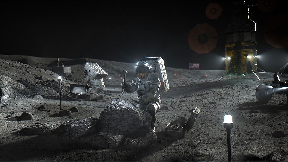 הדמייה המציגה אסטרונאוטים עובדים על פני השטח של הירח במשימה עתידית במסגרת תכנית ארטמיס.