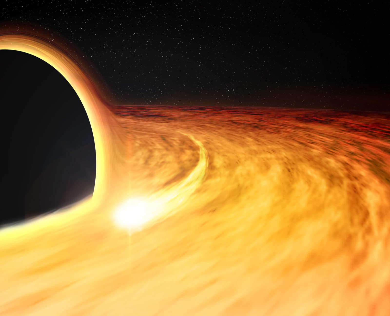 הדמיה המראה את  האות המחזורי מקיף את אופק האירועים של החור השחור – אולי בעודו נגרר מאחורי ננס לבן. קרדיט: NASA/CXC/M. Weiss