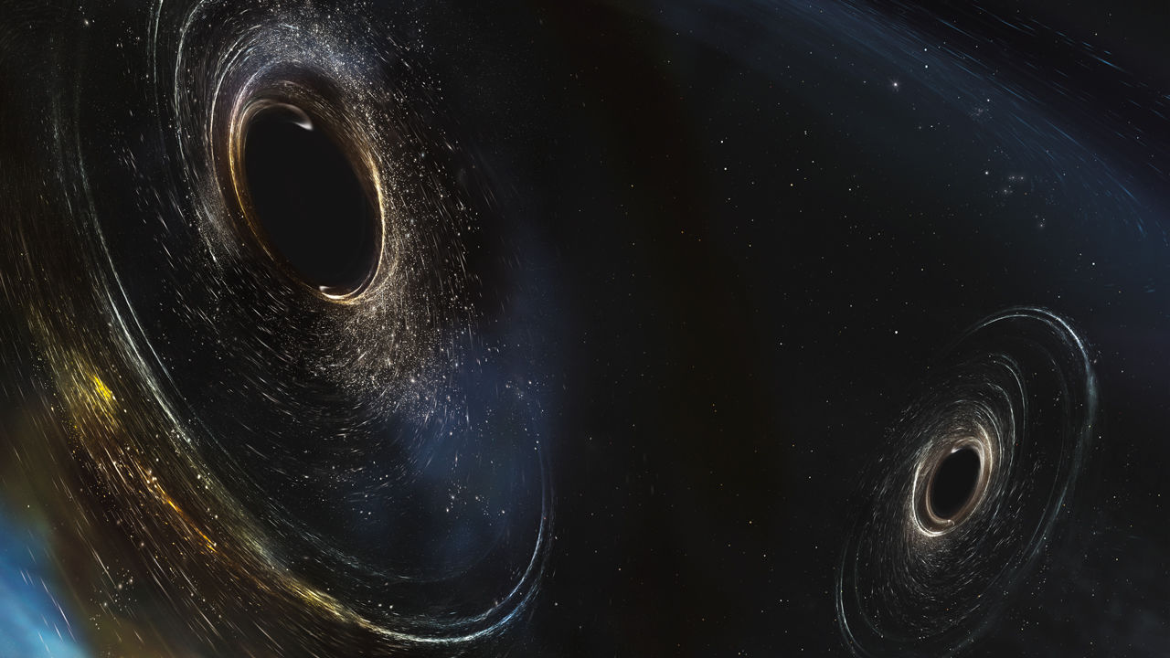הדמיית אמן של שני חורים שחורים על מסלול התנגשות