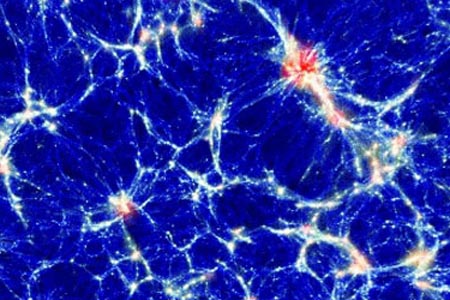 הדמייה הממחישה את מארג היקום - מבנה היקום בקנה גדול ממדים. שימו לב, האזורים הצפופים הם צבירי גלקסיות! | ESA