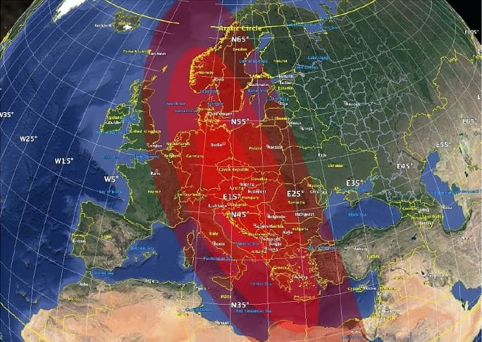 האם לפנות את מרכז אירופה? מפת הפגיעה האפשרית של האסטרואיד ההיפותטי 2021 PDC (נכון ליום השני לתרגיל). קרדיט: ESA