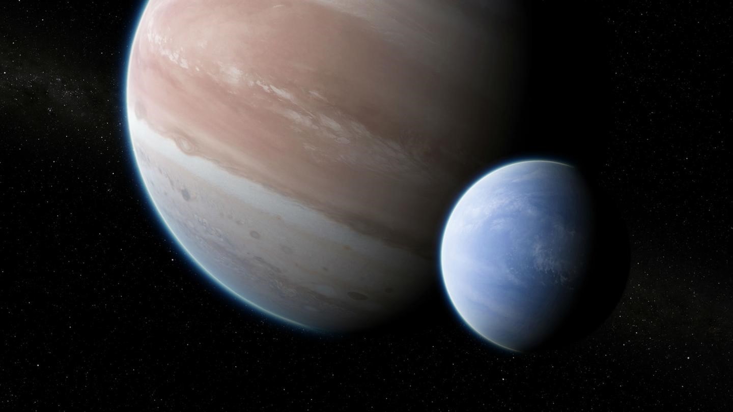 הדמיית אמן של מערכת Kepler-1625b. יחס הרדיוס והמסה בין שני הגופים דומה ליחס שבין הארץ לירח – רק פי 11. קרדיט: Dan Durda
