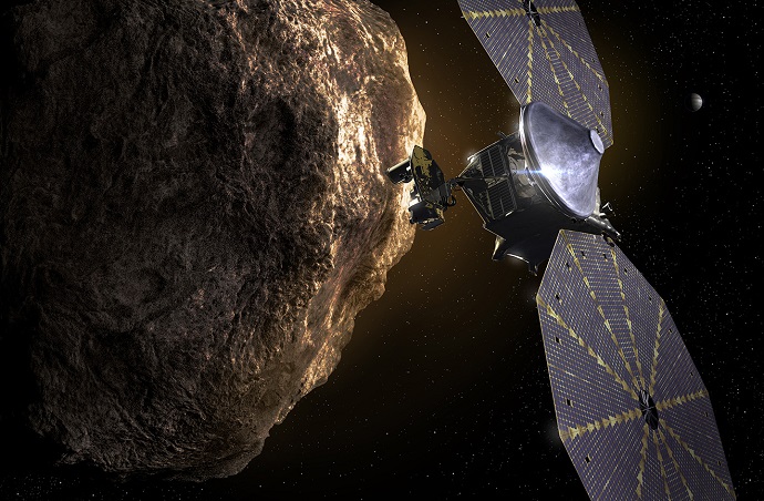 הדמיית אמן של לוסי מתקרבת לאסטרואיד. קרדיט: NASA הדמיית אמן של לוסי מתקרבת לאסטרואיד. קרדיט: NASA