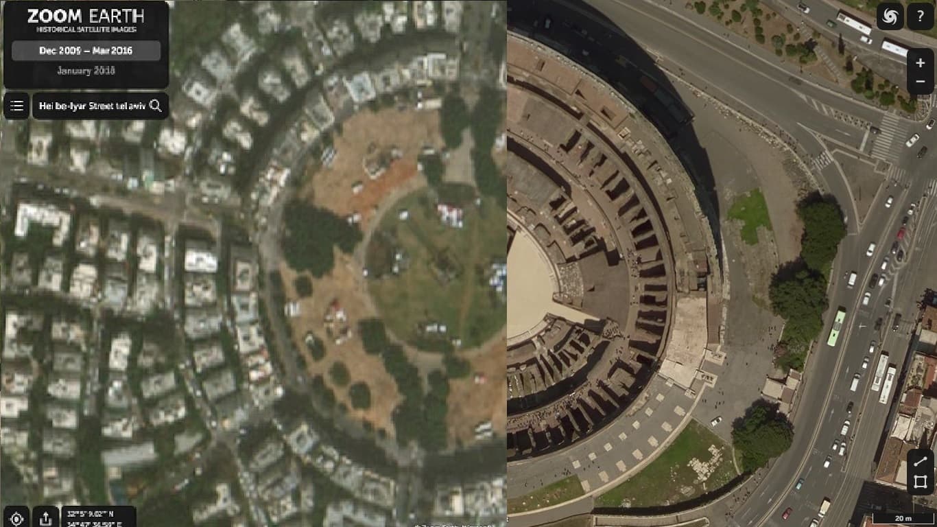 חתך של שני צילומי לוויין כיום: כיכר המדינה בת"א (משמאל) והקולוסיאום ברומא (מימין). קרדיט: zoom.earth, Microsoft