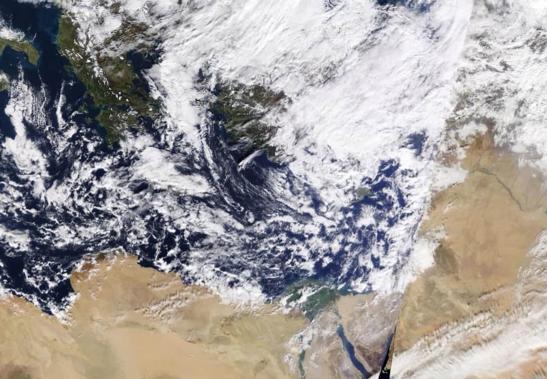 מבט לווייני על מערכת הגשם כרמל. מקור: weather2day.co.il