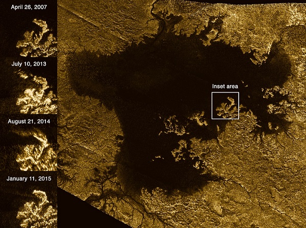 השינויים העונתיים בימת ליגאיה בטיטאן. שטח הימה, 126,000 קמ"ר, כימת סופיריור, הגדולה ביותר באמריקה הצפונית |  NASA