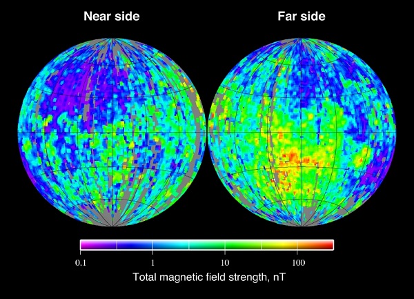 עוצמת השדה המגנטי בירח. השדה המגנטי אינו דו-קוטבי, כמו בכדה