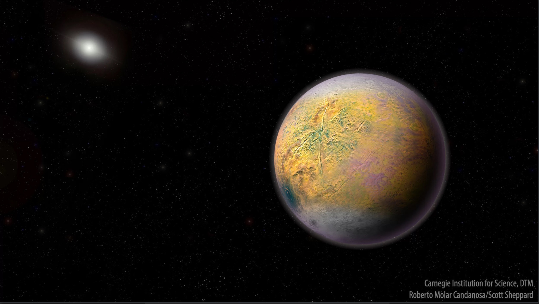 הדמיה של כוכב הלכת המשוער X, עבורו מערכת השמש כולה אינה אלא נקודה חיוורת בחלל. קרדיט: Carnegie Institution for Science
