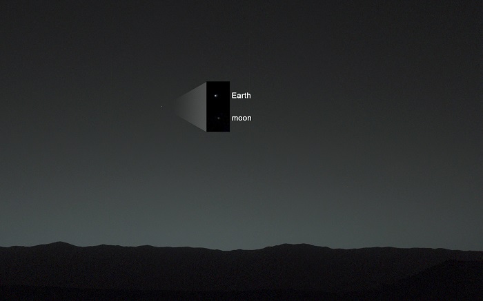 כדור הארץ זורח ככוכב בשמי מאדים. את התמונה הנפלאה הזאת צילם הקיוריוסיטי ב-2014, מעט אחרי השקיעה. קרדיט: נאס