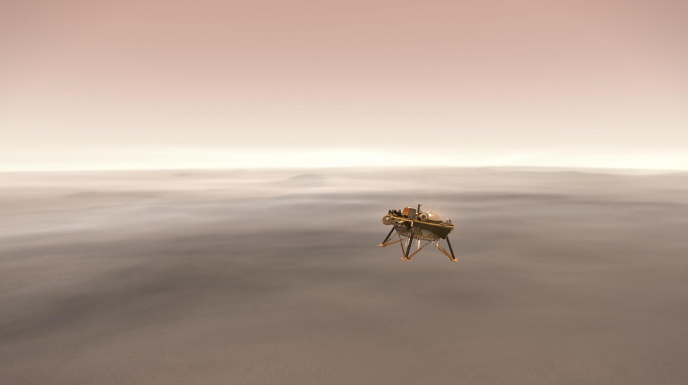 אינסייט השתמשה במנועים רקטיים כדי להאט את נחיתתה על מאדים. קרדיט:  NASA/JPL-Caltech