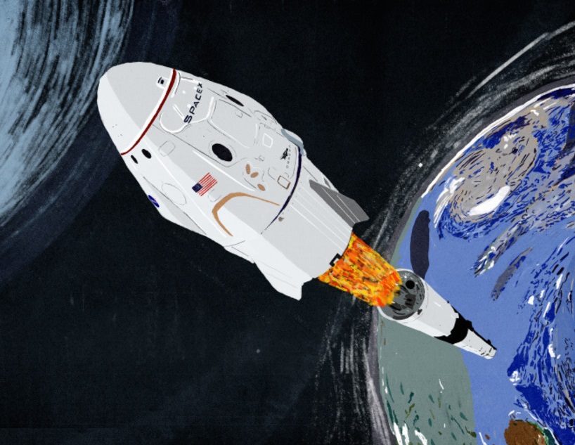 משימת AX-1 על סיפון חללית הדרגון של ספייס אקס. קרדיט: רקיע/Cookie Moon בשיתוף סטודיו ג׳לדה