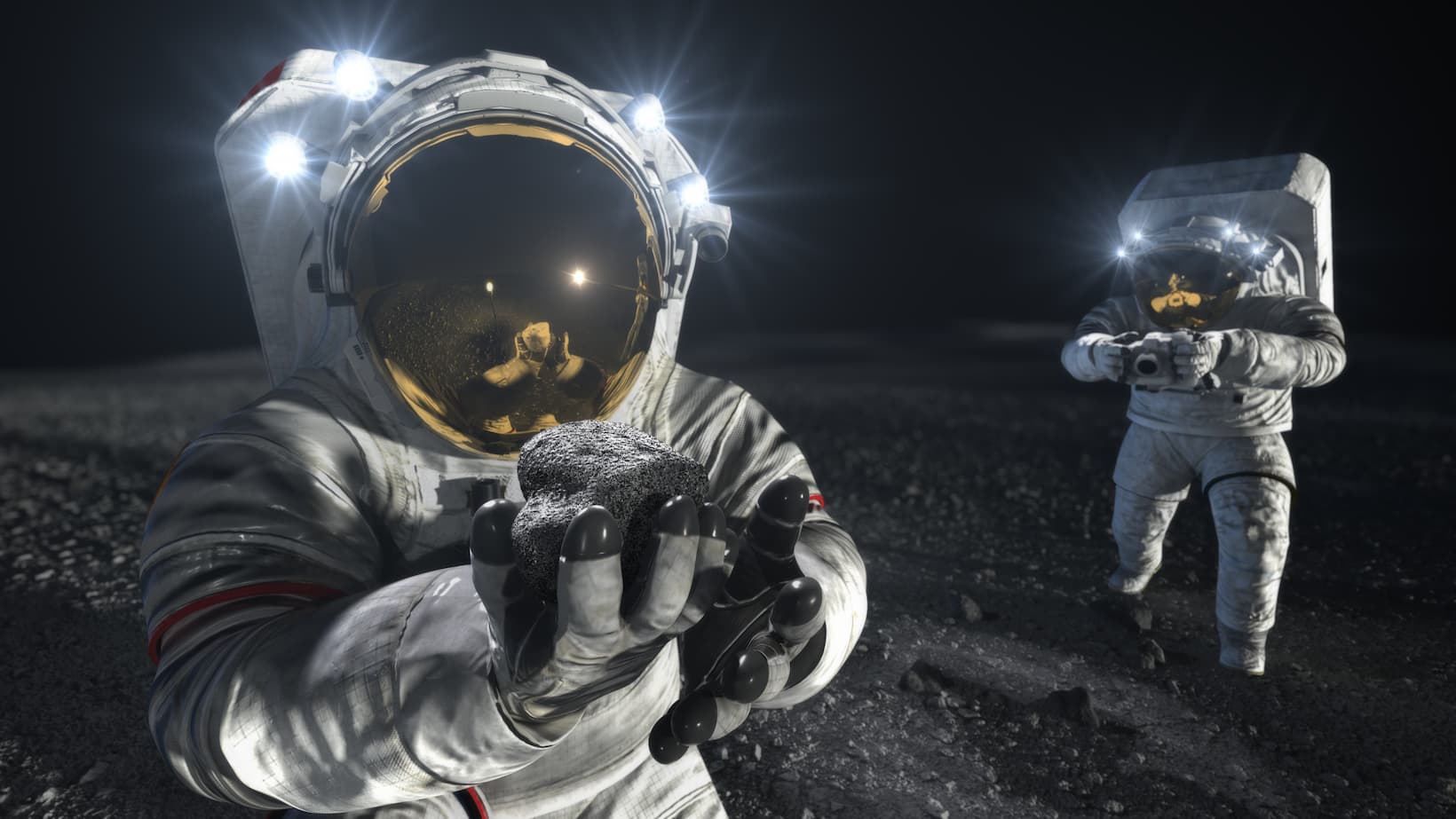 הדמיה של שני אסטרונאוטים אוספים דוגמיות ירח במהלך משימת ארטמיס. קרדיט: נאס"א