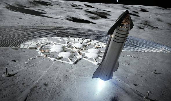 הדמיה של החללית סטארשיפ על רקע כפר ירחי עתידי. קרדיט: SpaceX