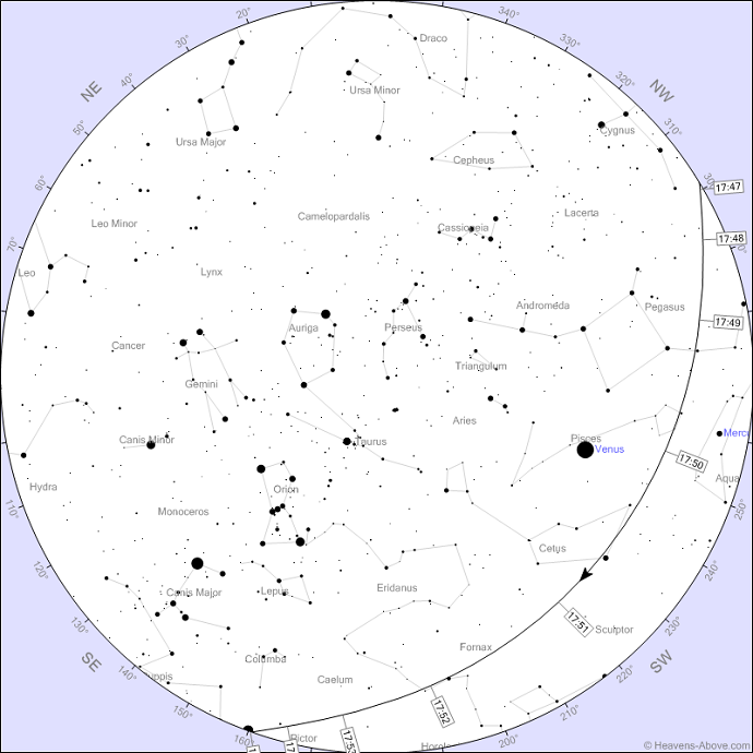 מסלול הסטארלינקים הערב בשמי ישראל. קרדיט: Heaves Above