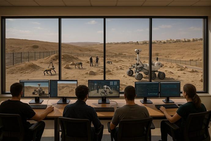 הדמיית מעבדת רובוטיקה מול שדה הניסויים במכתש רמון.
