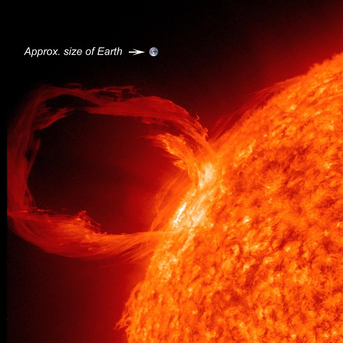 התפרצות סולארית. כדה"א (בקנה מידה) אמנם רחוק יותר אך ההתפרצות משחררת מיליארד טונות של חלקיקים טעונים, לעיתים לכיווננו |NASA/SDO