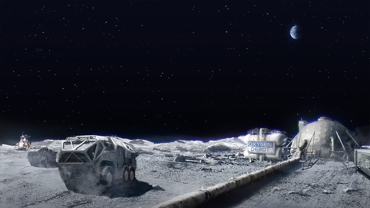 החזון של הליוס לעתיד האנושות: בסיס על הירח, עם מאגר חמצן מקומי. קרדיט: Helios