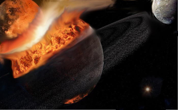 התנגשות כוכב לכת דמוי מאדים בכדו"א הקדום, כאשר ירח קודם כבר סבב את כדו"א | אילוסטרציה: חגי פרץ/NASA