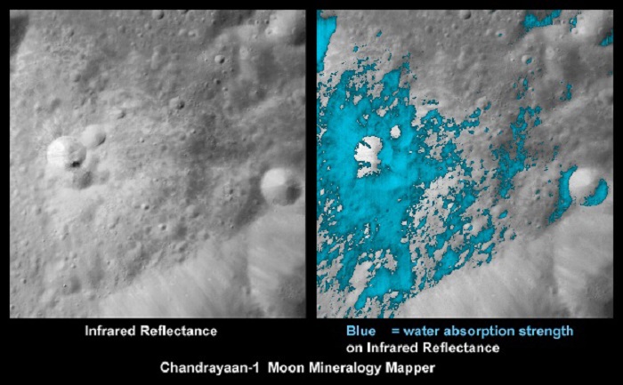 מדידה ספקטוגרפית מראה משקעי מים בכמויות משמעותיות במכתש געשי על הירח |ISRO/NASA/JPL-Caltech/USGS/Brown Univ