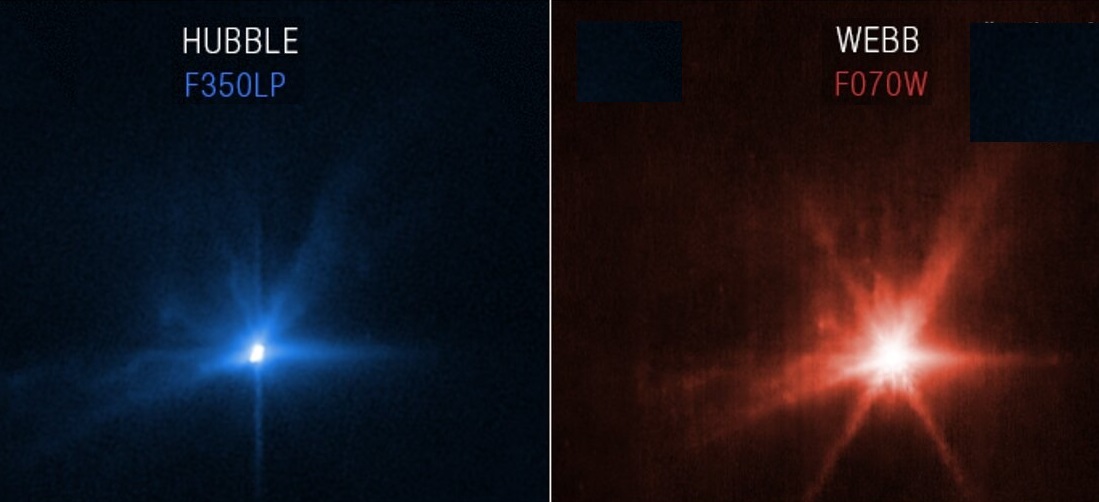 הפיצוץ בדימורפוס כפי שצולם על ידי טלסקופ החלל ווב בתת-אדום (מימין) ועל ידי טלסקופ החלל האבל באור נצפה (משמאל). קרדיט: NASA/ESA/C