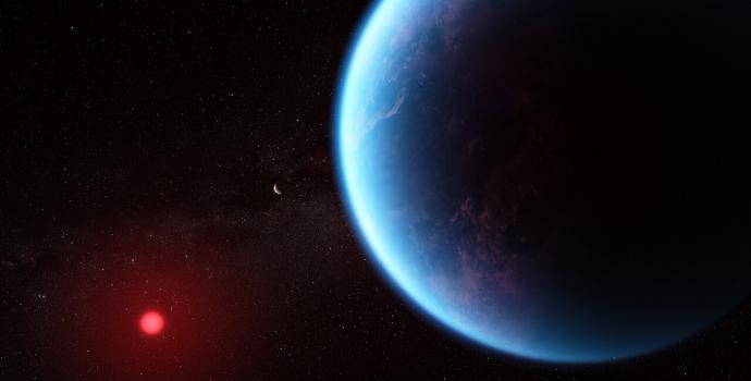 הדמיית אמן של כוכב הלכת החוץ-שמשי K2-18 b. קרדיט: NASA/ESA/CSA